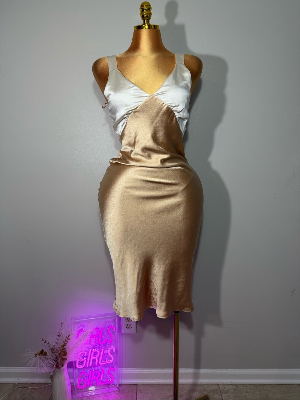 Satin Two-Tone Slip Dress in Ivory and Champagne